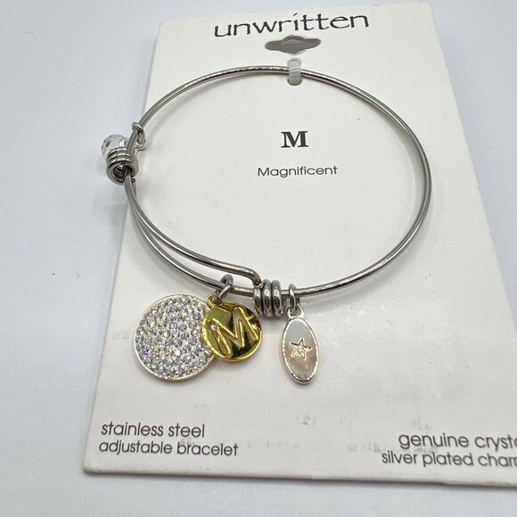 Unwritten Pave Initial M Disc Bangle Bracelet in Silver MSRP $55 NWT - Picture 3 of 4